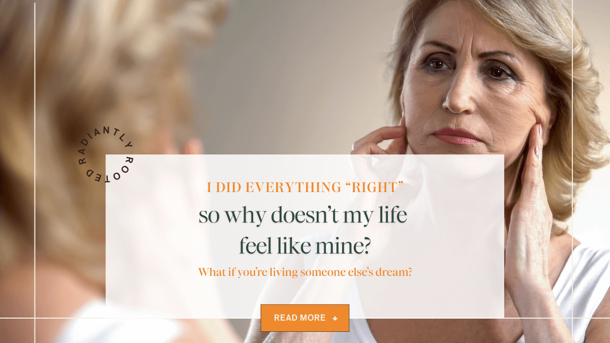 Podcast title banner. Woman looking reflectively in mirror.