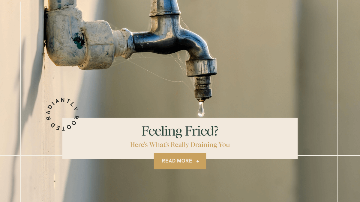 Close-up of a weathered metal faucet with a water droplet falling, symbolizing energy leaks and burnout, with text “Feeling Fried? Here’s What’s Really Draining You.”