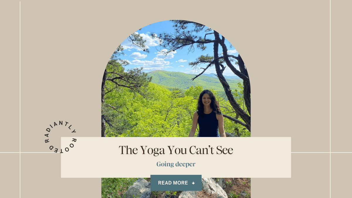 blog banner. picture of rachel sitting cross-legged on rock at mountain peak with mountain views in background centered on neutral backfround. Text says the yoga you can't see going deeper read more.